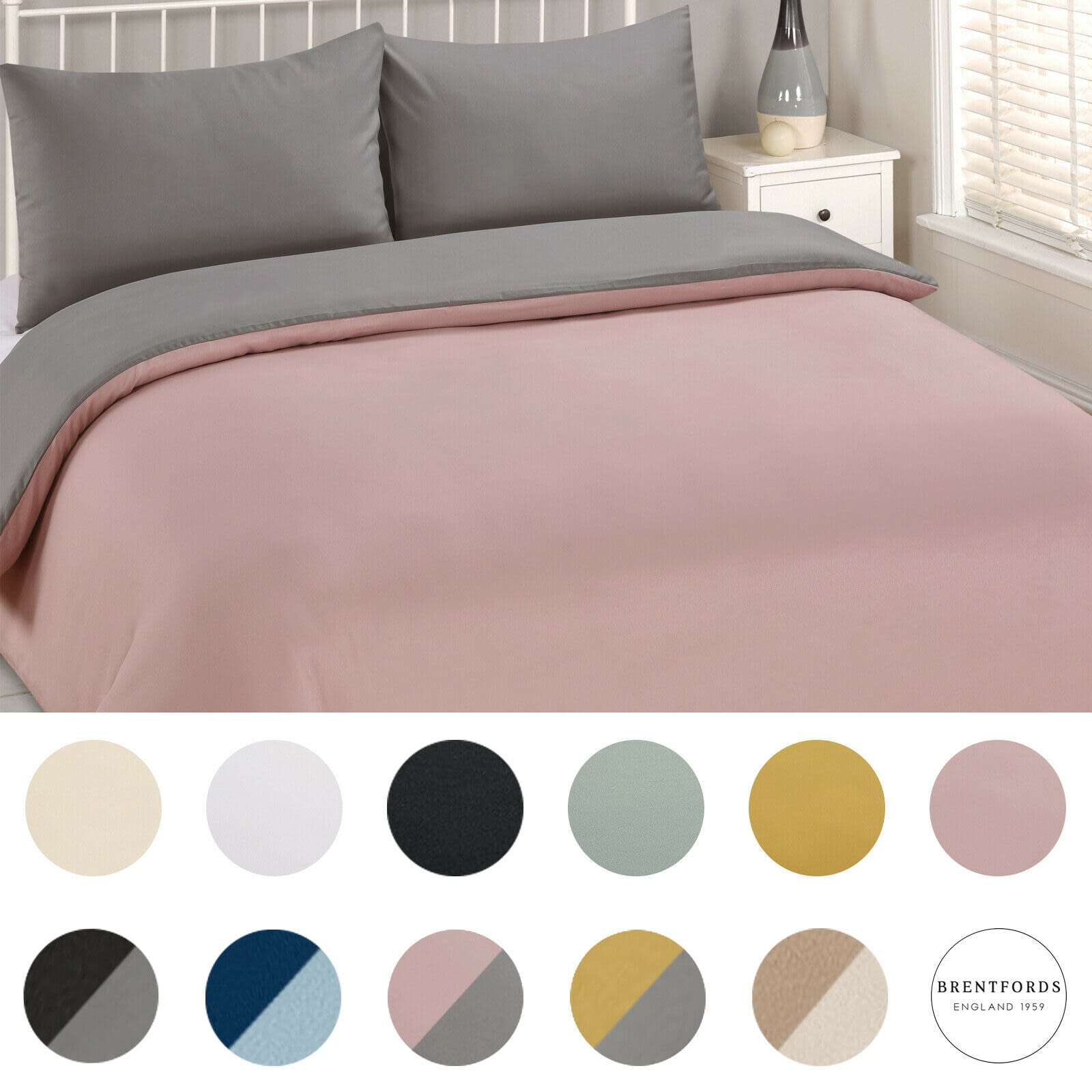 Brentfords Plain Duvet Cover & Pillowcase Reversible Set Fitted Sheet